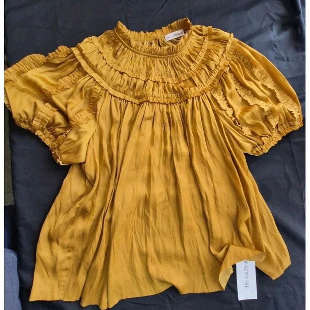 Ulla Johnson Aimee Pleated Short Puff Sleeve Top Womens Size 14 Goldenrod Color